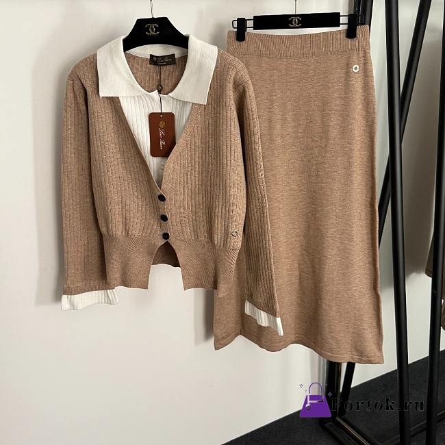 Fortok Loro Piana Knit Suit long-sleeved knitted cardigan + high-waisted knitted skirt Brown - 1