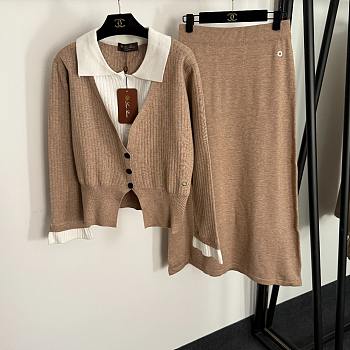 Fortok Loro Piana Knit Suit long-sleeved knitted cardigan + high-waisted knitted skirt Brown