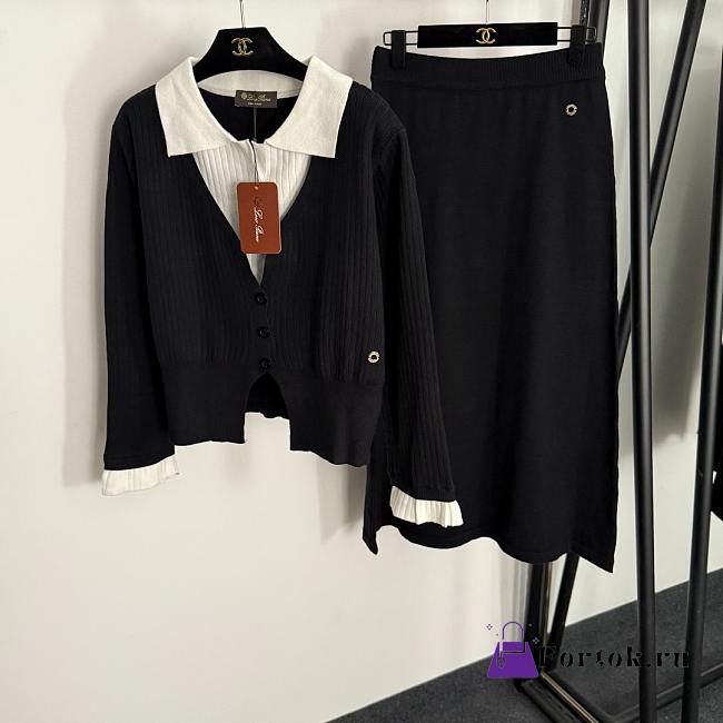 Fortok Loro Piana Knit Suit long-sleeved knitted cardigan + high-waisted knitted skirt Black  - 1