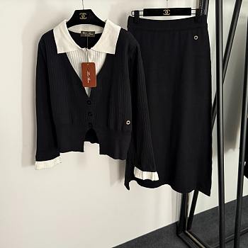 Fortok Loro Piana Knit Suit long-sleeved knitted cardigan + high-waisted knitted skirt Black 