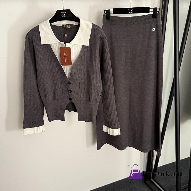 Fortok Loro Piana Knit Suit long-sleeved knitted cardigan + high-waisted knitted skirt Grey - 1