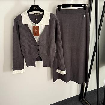 Fortok Loro Piana Knit Suit long-sleeved knitted cardigan + high-waisted knitted skirt Grey