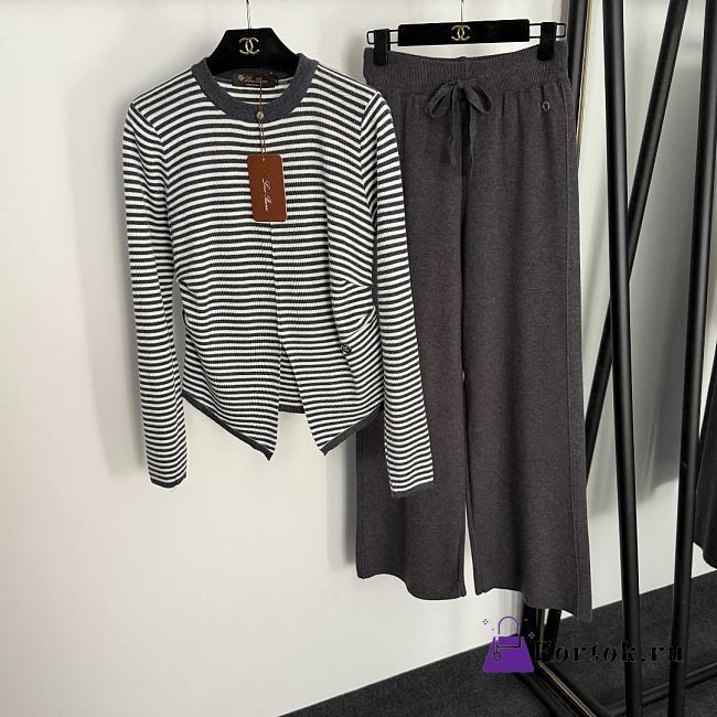 Fortok Loro Piana Knit Suit striped long-sleeved top + elastic high-waist casual pants Grey - 1