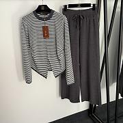 Fortok Loro Piana Knit Suit striped long-sleeved top + elastic high-waist casual pants Grey - 1