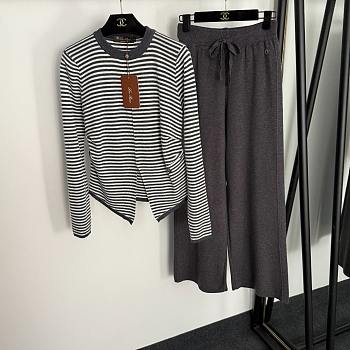 Fortok Loro Piana Knit Suit striped long-sleeved top + elastic high-waist casual pants Grey