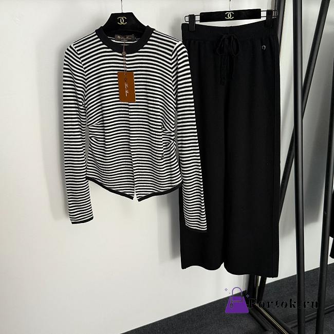 Fortok Loro Piana Knit Suit striped long-sleeved top + elastic high-waist casual pants Black - 1