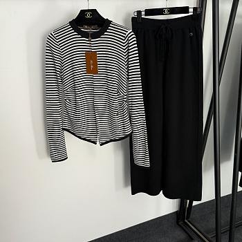 Fortok Loro Piana Knit Suit striped long-sleeved top + elastic high-waist casual pants Black