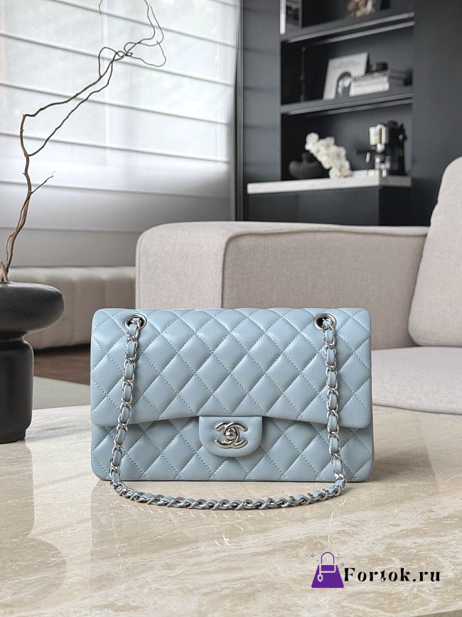 Fortok Chanel Flap Bag Light Blue Silver Hardware 15.5x25.5x6.5cm - 1