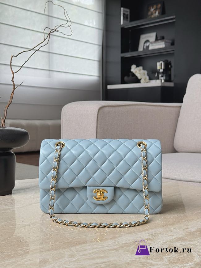 Fortok Chanel Flap Bag Light Blue Gold Hardware 15.5x25.5x6.5cm - 1