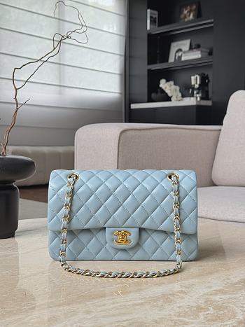 Fortok Chanel Flap Bag Light Blue Gold Hardware 15.5x25.5x6.5cm