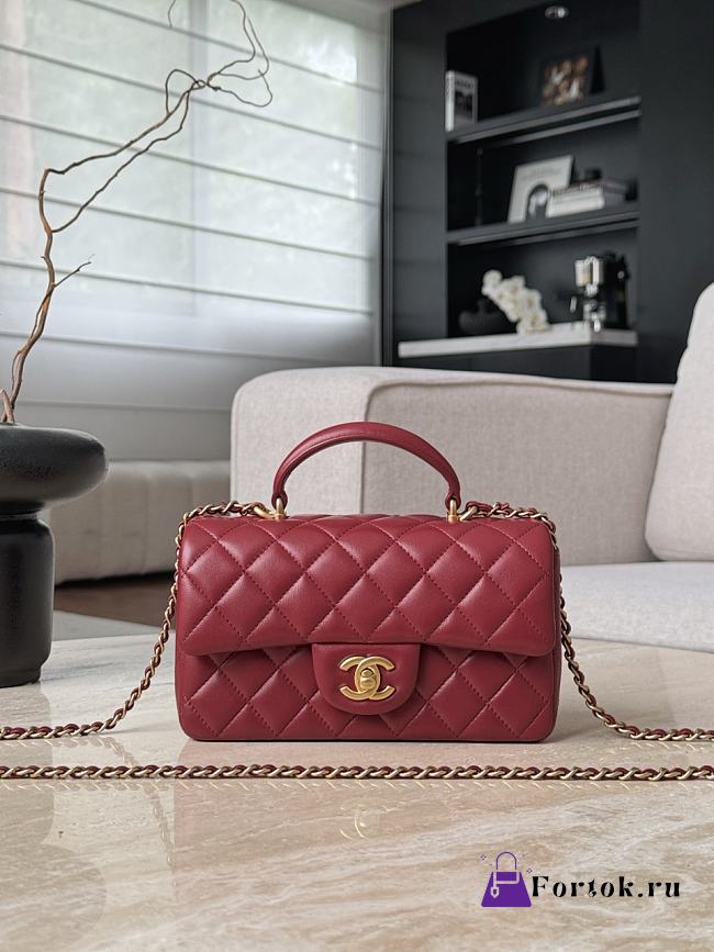 Fortok Chanel Flap Top Handle Bag Burgundy Gold Hardware 12x20x6cm - 1