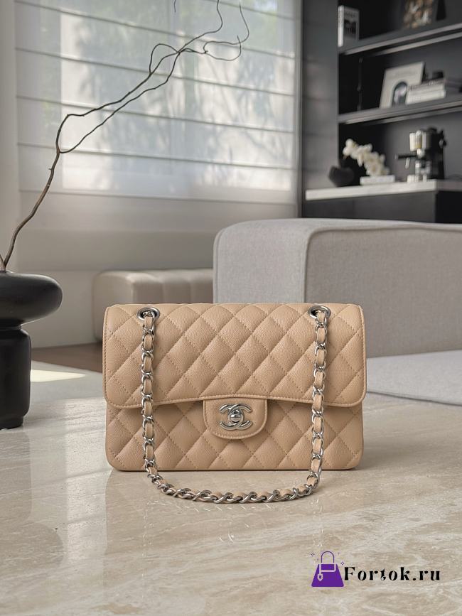 Fortok Chanel Flap Bag Beige Caviar Silver Hardware 14.5x23x6cm - 1