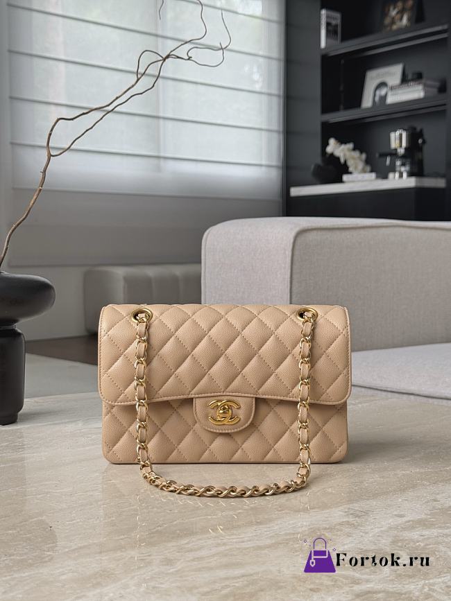 Fortok Chanel Flap Bag Beige Caviar Gold Hardware 14.5x23x6cm - 1