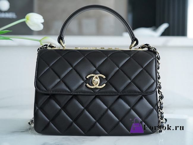 Fortok Chanel Trendy CC Top Handle bag in black lambskin leather with champagne gold hardware 25cm - 1