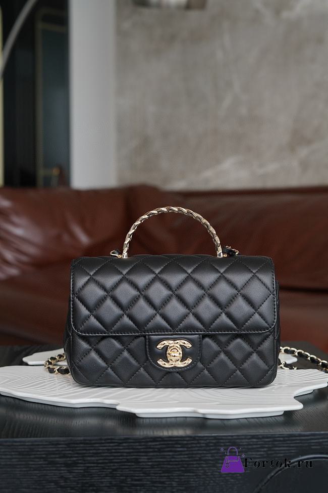 Fortok Chanel Flap Top Handle Bag Black Gold Hardware 12x20x6cm  - 1