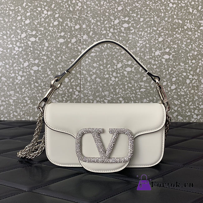 Fortok Valentino Garavani Small Locò Crystal-Embellished Leather Handle Bag White 20x11x5cm - 1