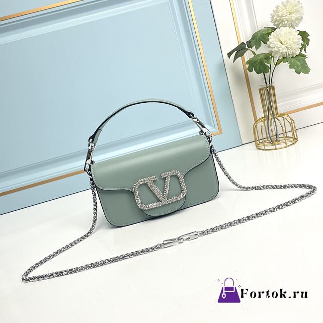 Fortok Valentino Garavani Small Locò Crystal-Embellished Leather Handle Bag Green 20x11x5cm - 1