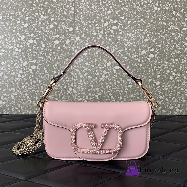 Fortok Valentino Garavani Small Locò Crystal-Embellished Leather Handle Bag Pink 19x11x5cm - 1