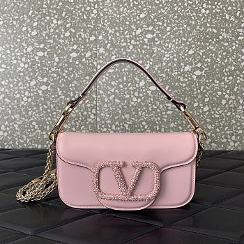 Fortok Valentino Garavani Small Locò Crystal-Embellished Leather Handle Bag Pink 19x11x5cm