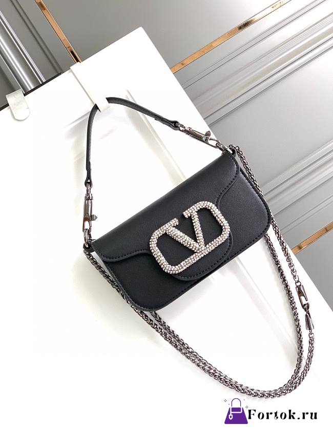 Fortok Valentino Garavani Small Locò Crystal-Embellished Leather Handle Bag Black 20x11x5cm  - 1