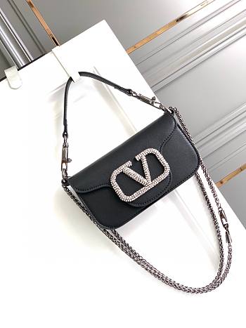 Fortok Valentino Garavani Small Locò Crystal-Embellished Leather Handle Bag Black 20x11x5cm 