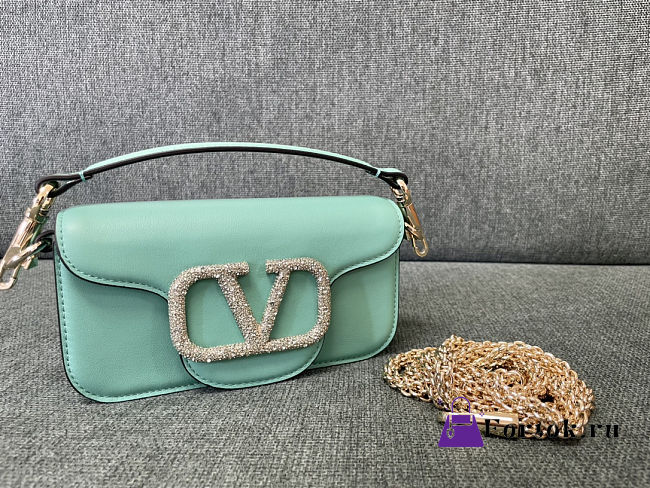 Fortok Valentino Garavani Small Locò Crystal-Embellished Leather Handle Bag Light Green 20x11x5cm - 1