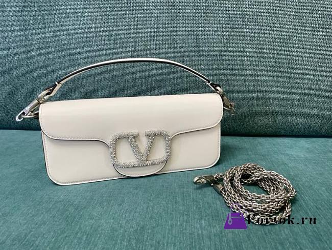 Fortok Valentino Garavani Small Locò Crystal-Embellished Leather Handle Bag White 27x13x6cm - 1