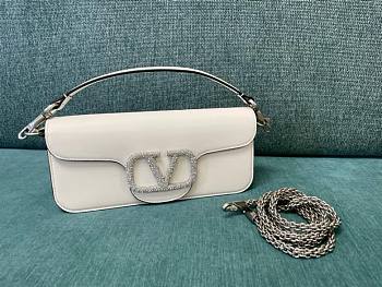 Fortok Valentino Garavani Small Locò Crystal-Embellished Leather Handle Bag White 27x13x6cm