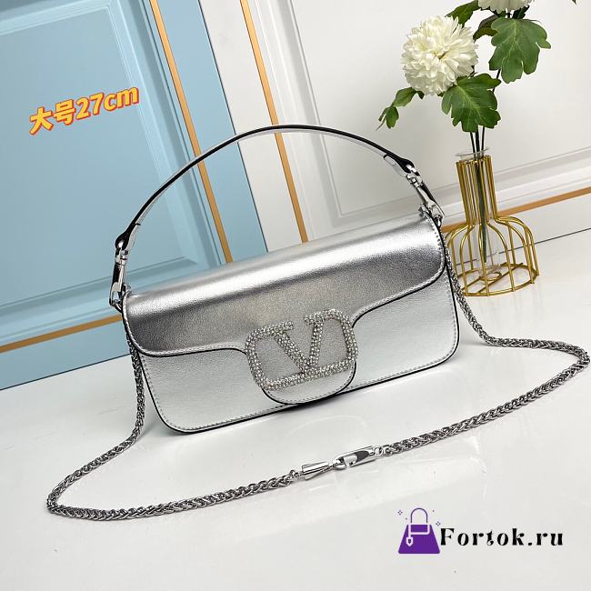 Fortok Valentino Garavani Small Locò Crystal-Embellished Leather Handle Bag Silver 27x13x6cm - 1