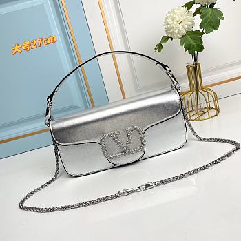 Fortok Valentino Garavani Small Locò Crystal-Embellished Leather Handle Bag Silver 27x13x6cm