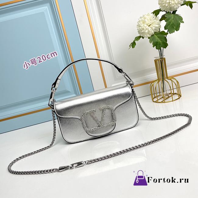 Fortok Valentino Garavani Small Locò Crystal-Embellished Leather Handle Bag Silver 20x11x5cm - 1
