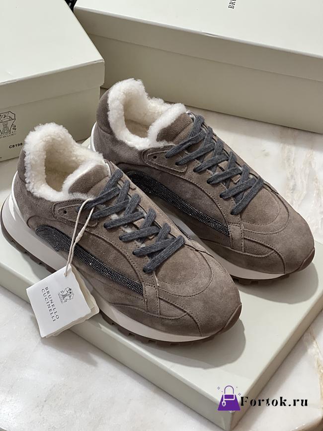 Fortok Brunello Cucinelli suede shearling-trim sneakers Dark Brown - 1