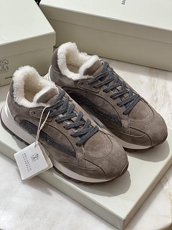 Fortok Brunello Cucinelli suede shearling-trim sneakers Dark Brown