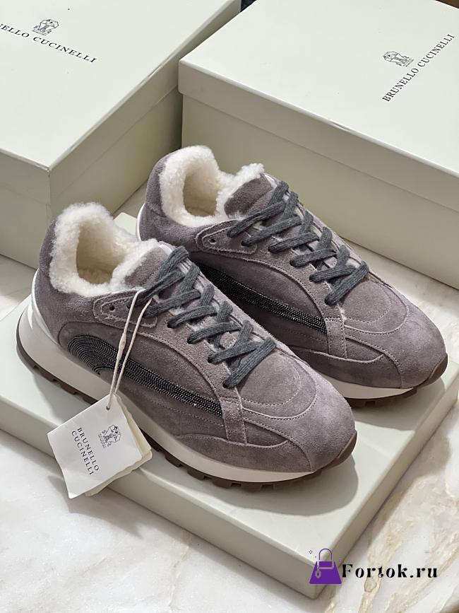 Fortok Brunello Cucinelli suede shearling-trim sneakers Grey - 1