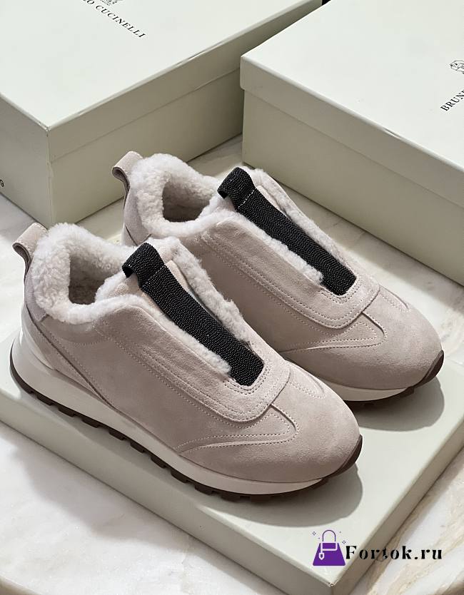 Fortok Brunello Cucinelli suede and techno fabric low-top sneakers Beige - 1