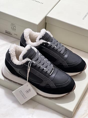Fortok Brunello Cucinelli shearling-lined suede and leather runners Black