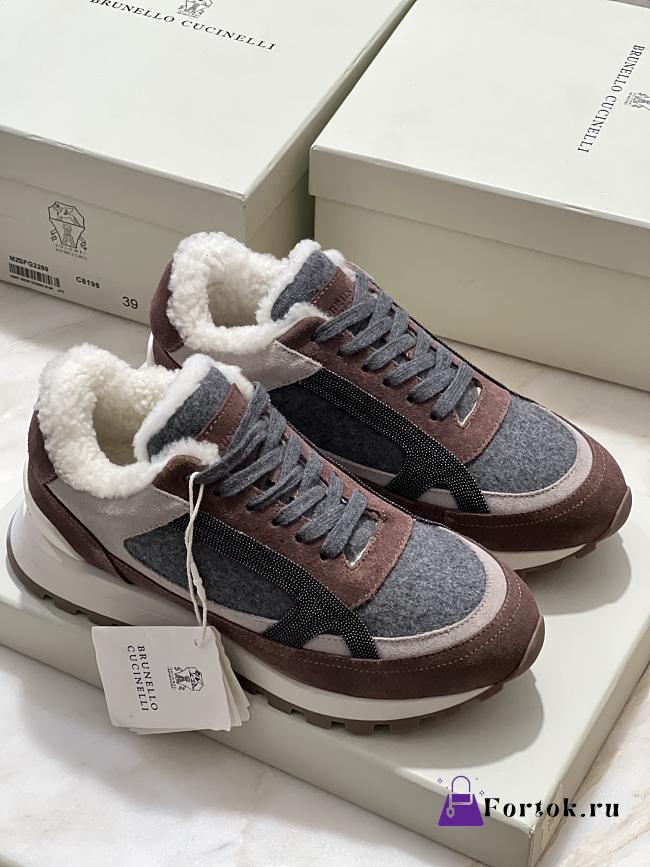 Fortok Brunello Cucinelli shearling-lined suede and fur runners Dark Brown - 1