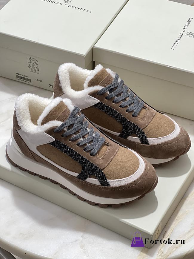 Fortok Brunello Cucinelli shearling-lined suede and Fur runners Brown - 1