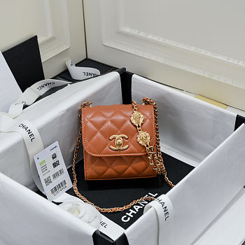 Fortok Chanel Coco Love CC Heart Clutch with Lion Chain in Orange 11*11*5cm