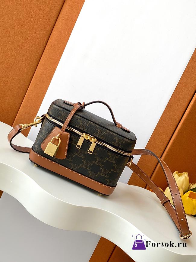 Fortok Celine Mini Vanity Case in Triomphe Canvas and Calfskin Brown 18*12*18cm - 1