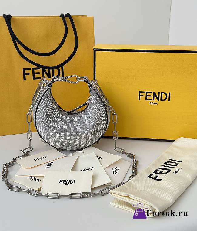 Fortok Fendi Graffiti FF Silver Rhinestone Embellished Shoulder Bag 16.5-14-5CM  - 1