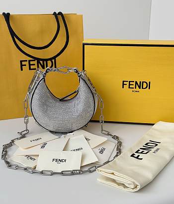 Fortok Fendi Graffiti FF Silver Rhinestone Embellished Shoulder Bag 16.5-14-5CM 
