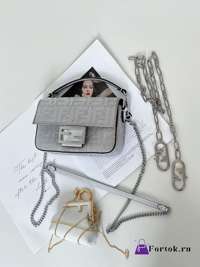 Fortok Fendi Baguette Silver Rhinestone Embellished Shoulder Bag 20x5x13cm - 1