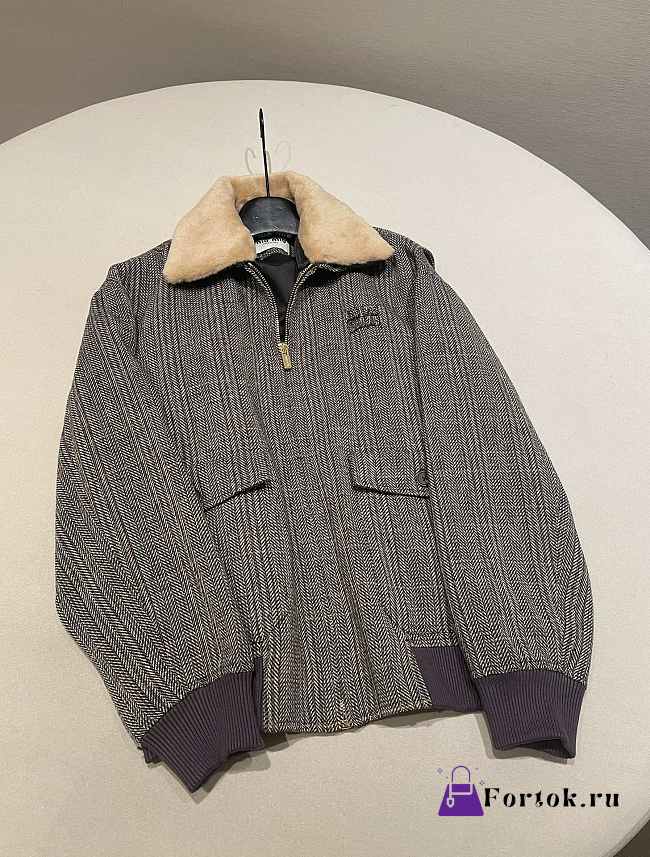 Fortok Miu Miu slate gray chevron blouson jacket with a shearling collar - 1