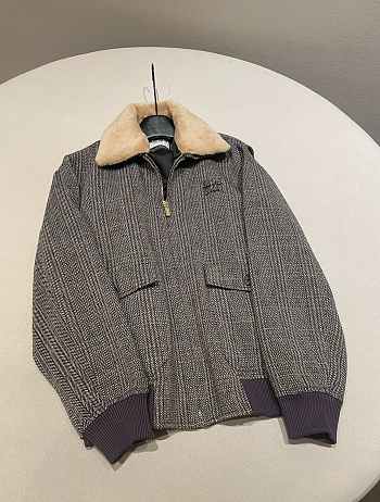 Fortok Miu Miu slate gray chevron blouson jacket with a shearling collar