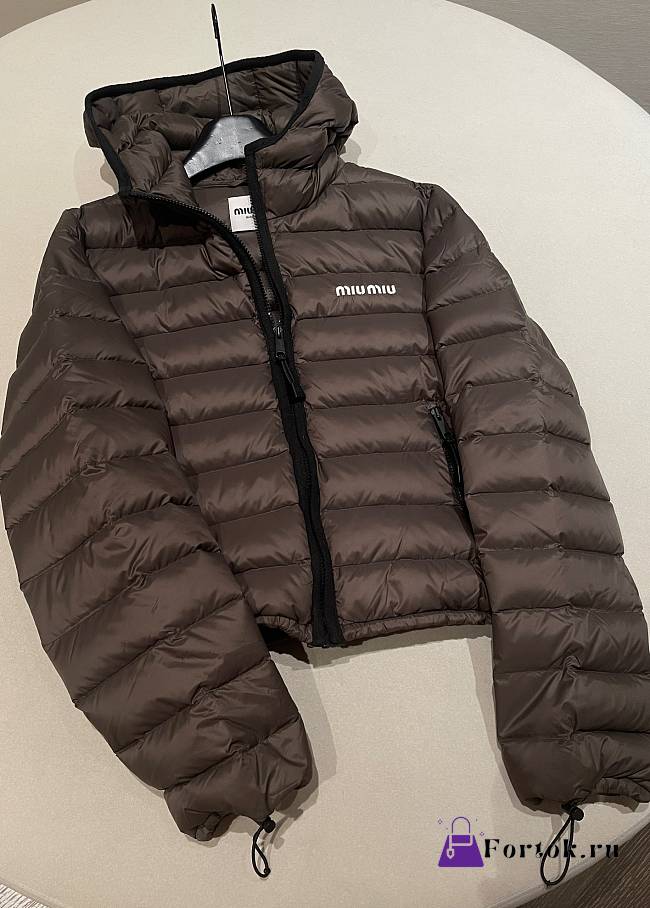 Fortok Miu Miu Light Pongee Down Hoodie Jacket Brown - 1