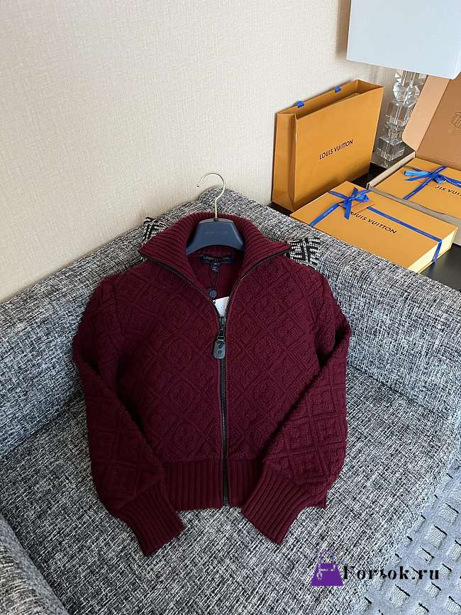 Fortok Louis Vuitton Monogram knitted zip-up jacket Burgundy - 1