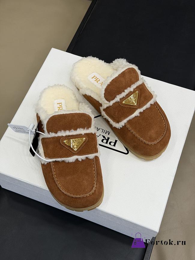 Fortok Prada Suede and Shearling Slippers in cinnamon brown  - 1