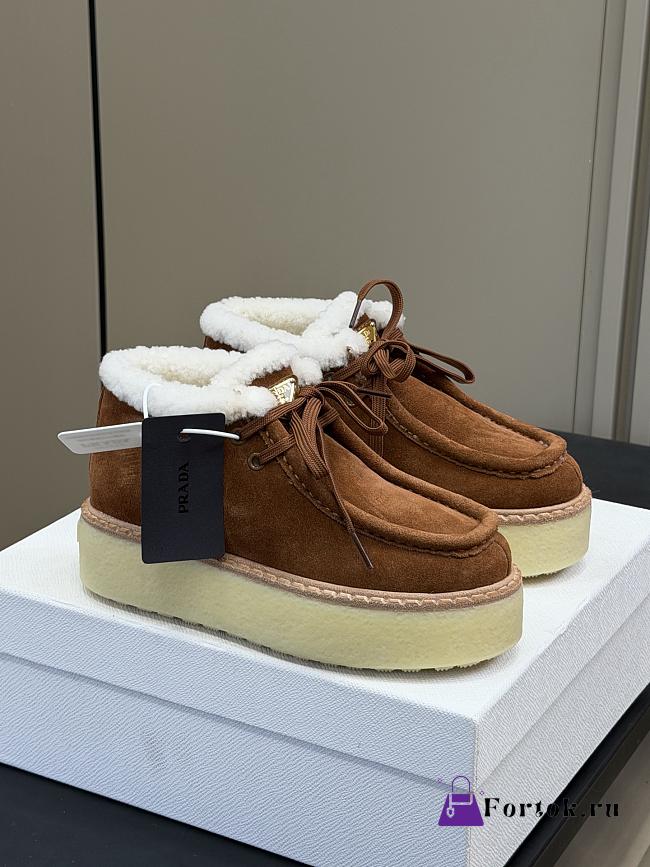 Fortok Prada Suede and Shearling Sneaker in cinnamon brown - 1