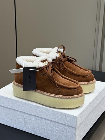 Fortok Prada Suede and Shearling Sneaker in cinnamon brown